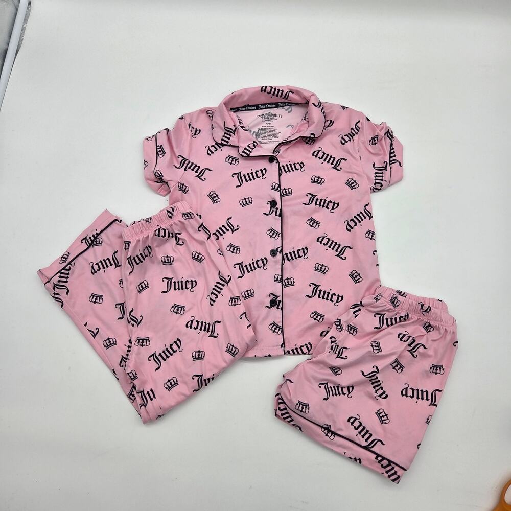 Juicy Couture Pajama Set Girls 4/5 Pink 3pc Shirt Pants Shorts Logo NWOT‎